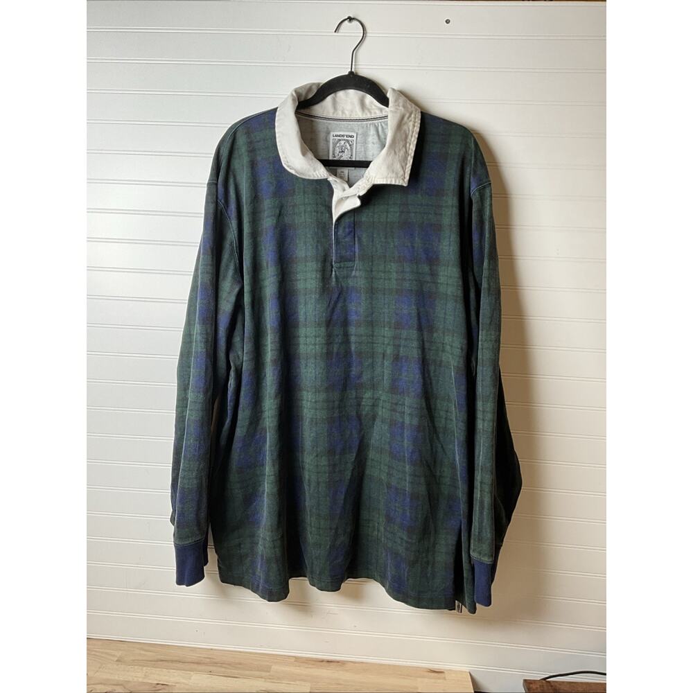 Lands End Rugby Polo Shirt Men's 3XL Green Plaid Long Sleeve Cotton Jersey